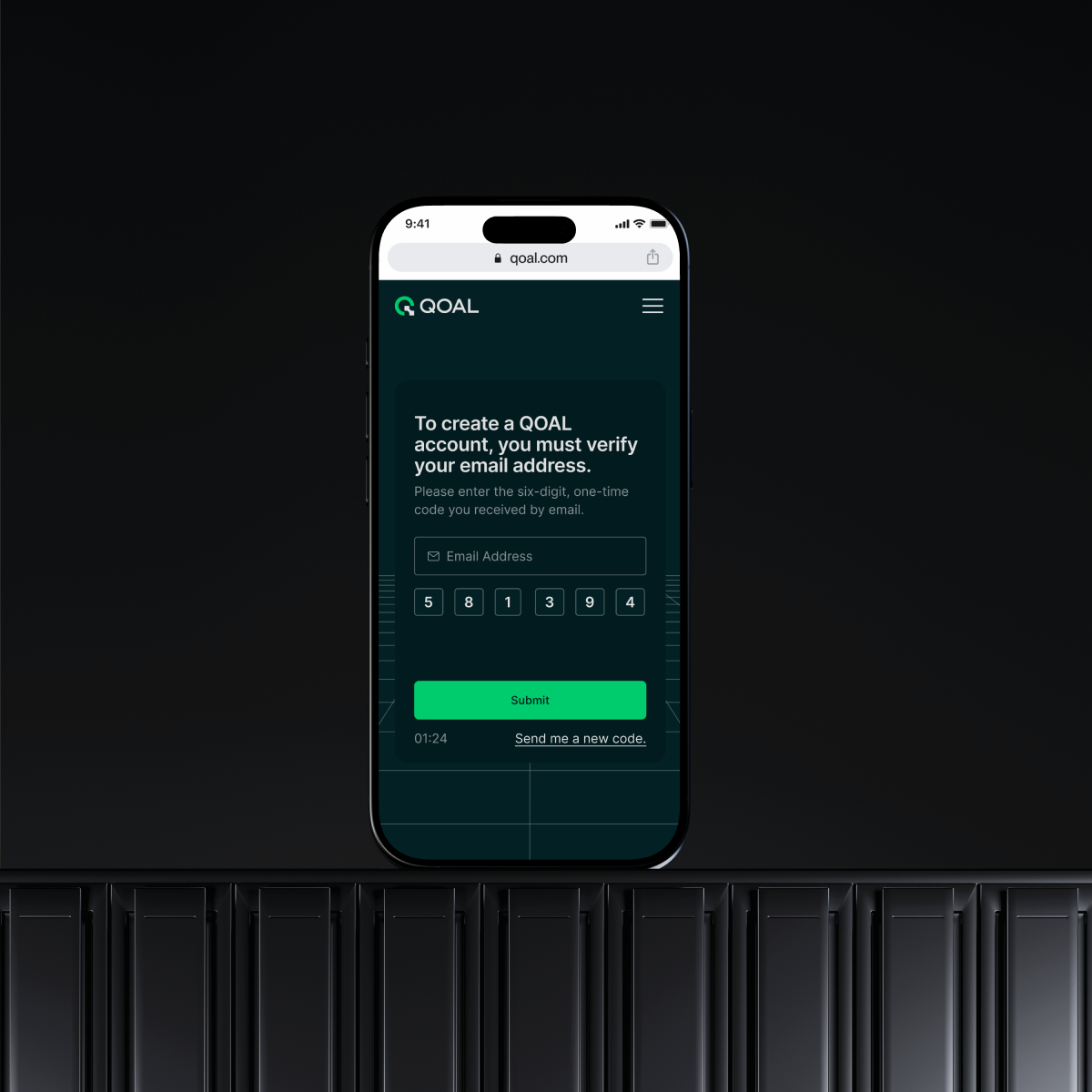 QOAL authentication screen on a phone, showing secure sign-in and identity verification.