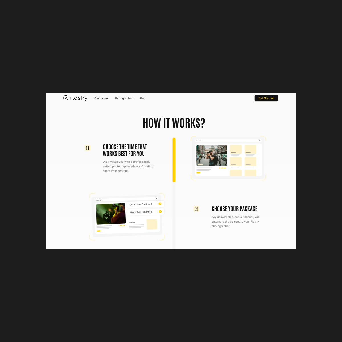 GetFlashy “how it works” section on desktop, showing the steps from booking a shoot to receiving edited photos.