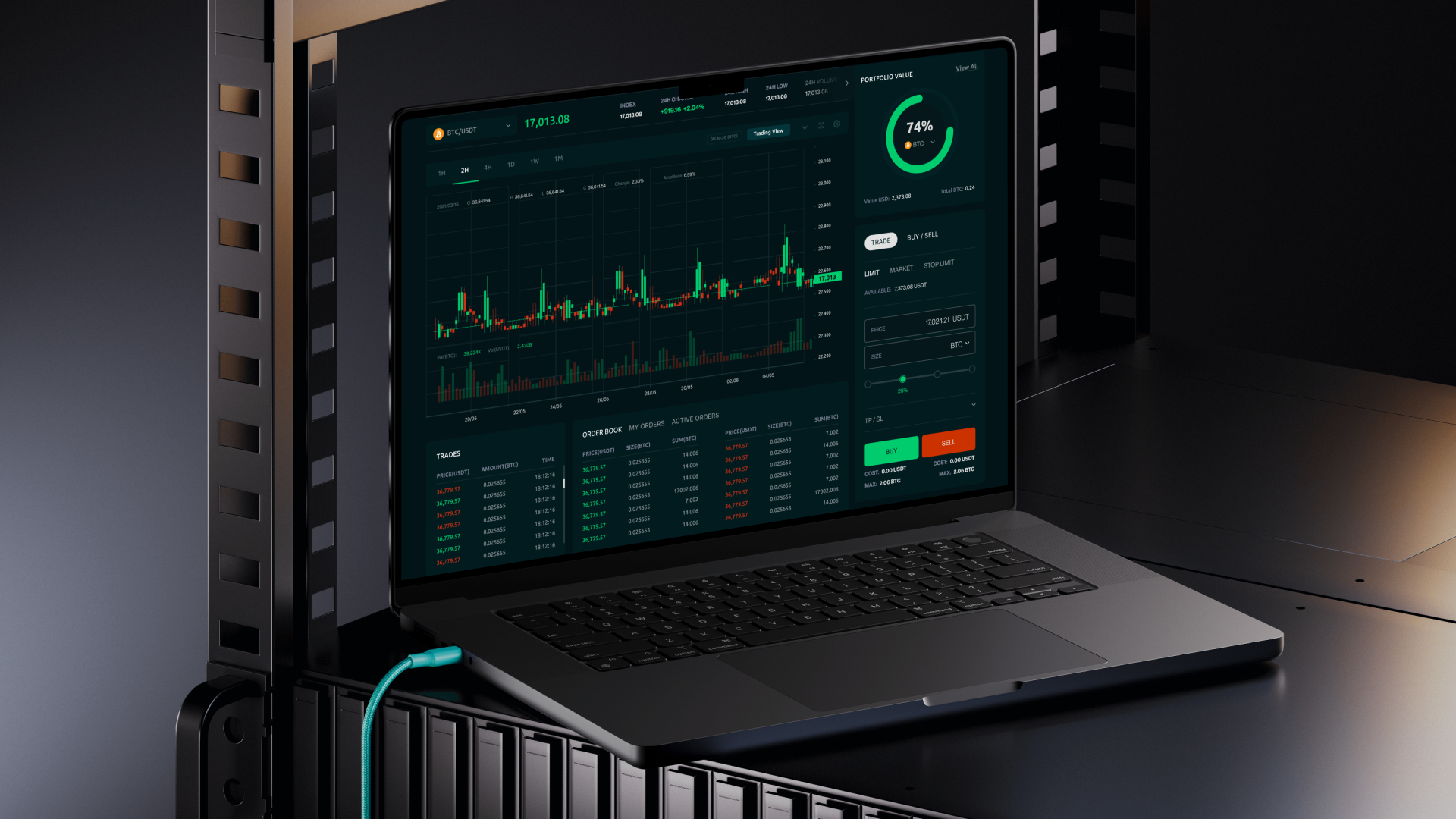 QOAL crypto exchange on a laptop, showing the trading interface.