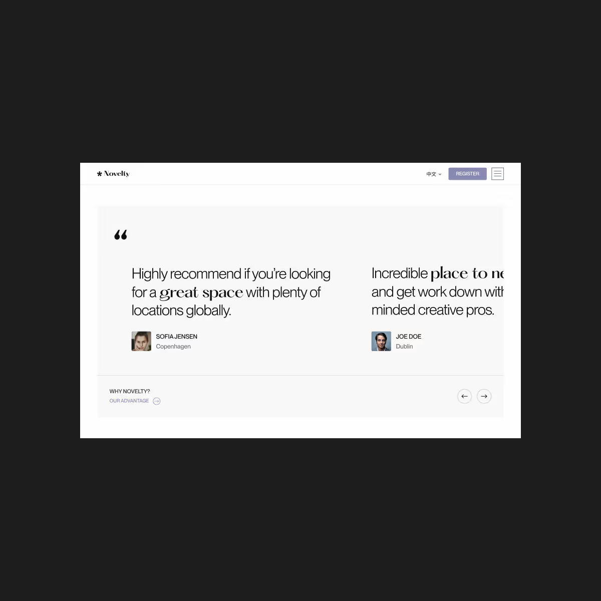 Client testimonials section on the Novelty website, shown on desktop.