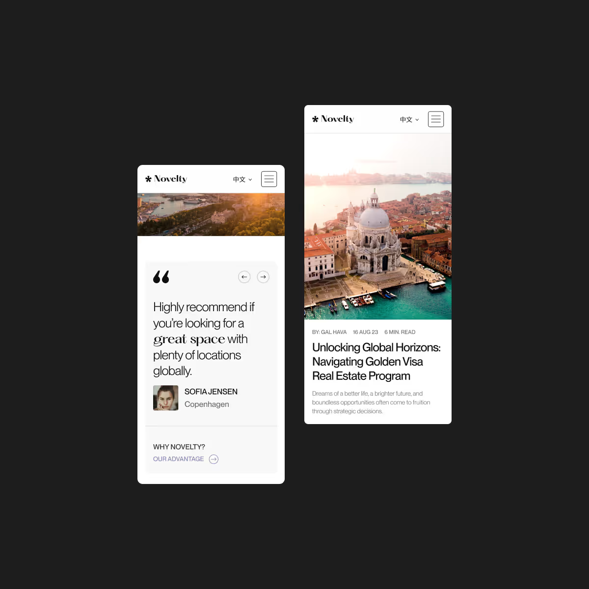 Novelty insights articles and client testimonials on mobile.