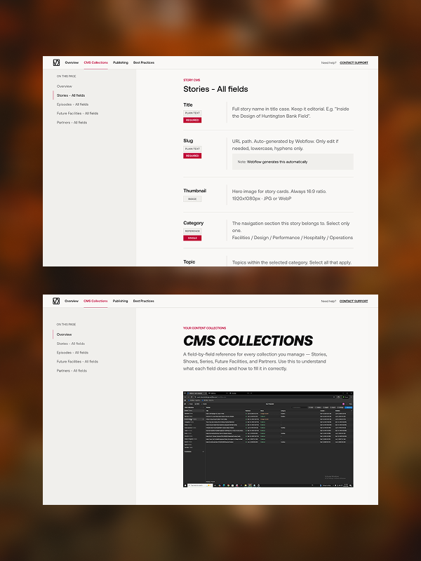Content management system screen used to train a team to edit and publish pages.
