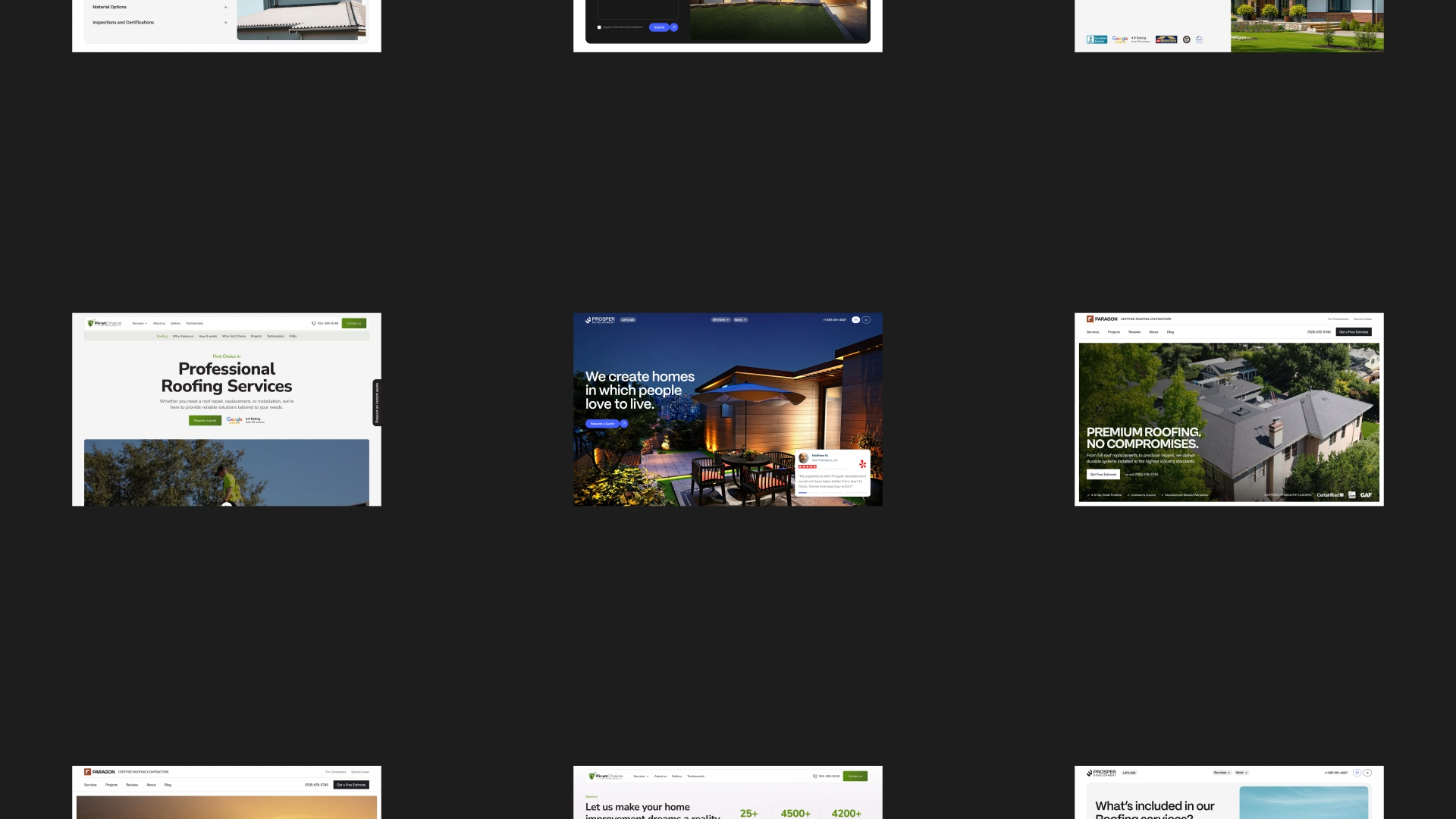 Grid of home services projects by VX.STUDIO, including brand identities, websites, and lead generation for roofing and construction companies.