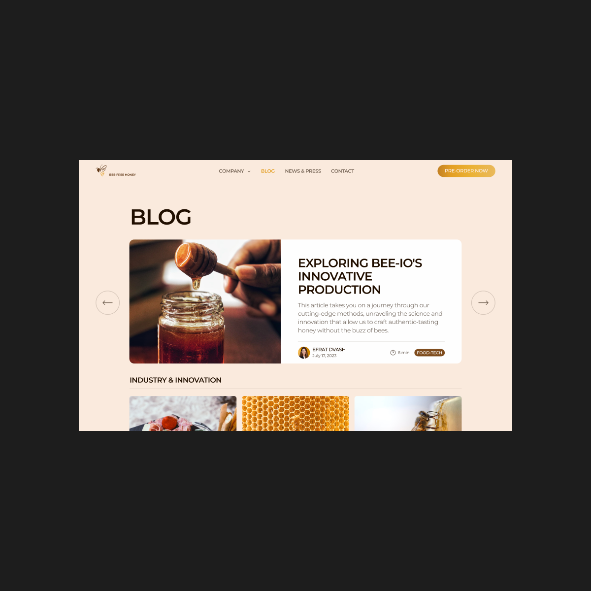 Bee-io blog page with articles explaining bee-free honey and the technology behind it.