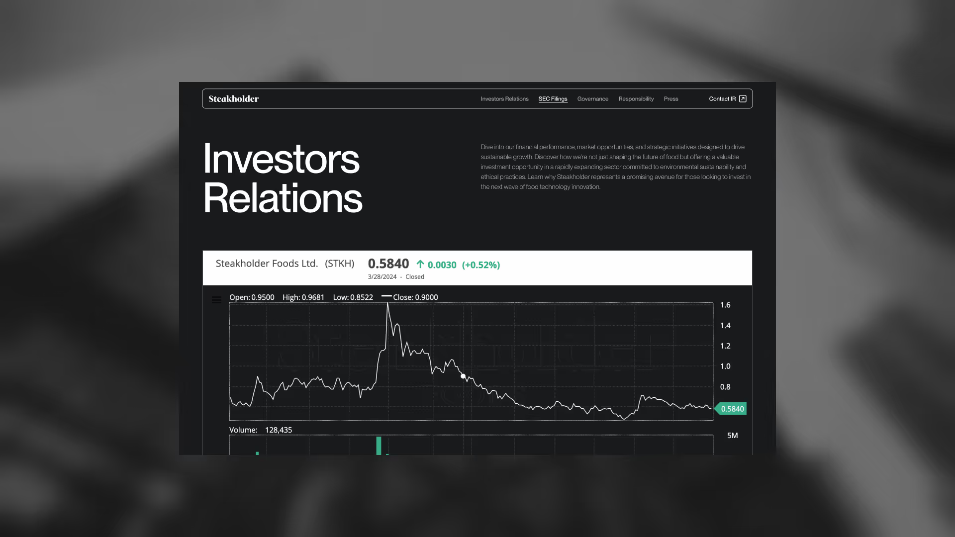 Steakholder investor relations page, with company information and resources for investors.