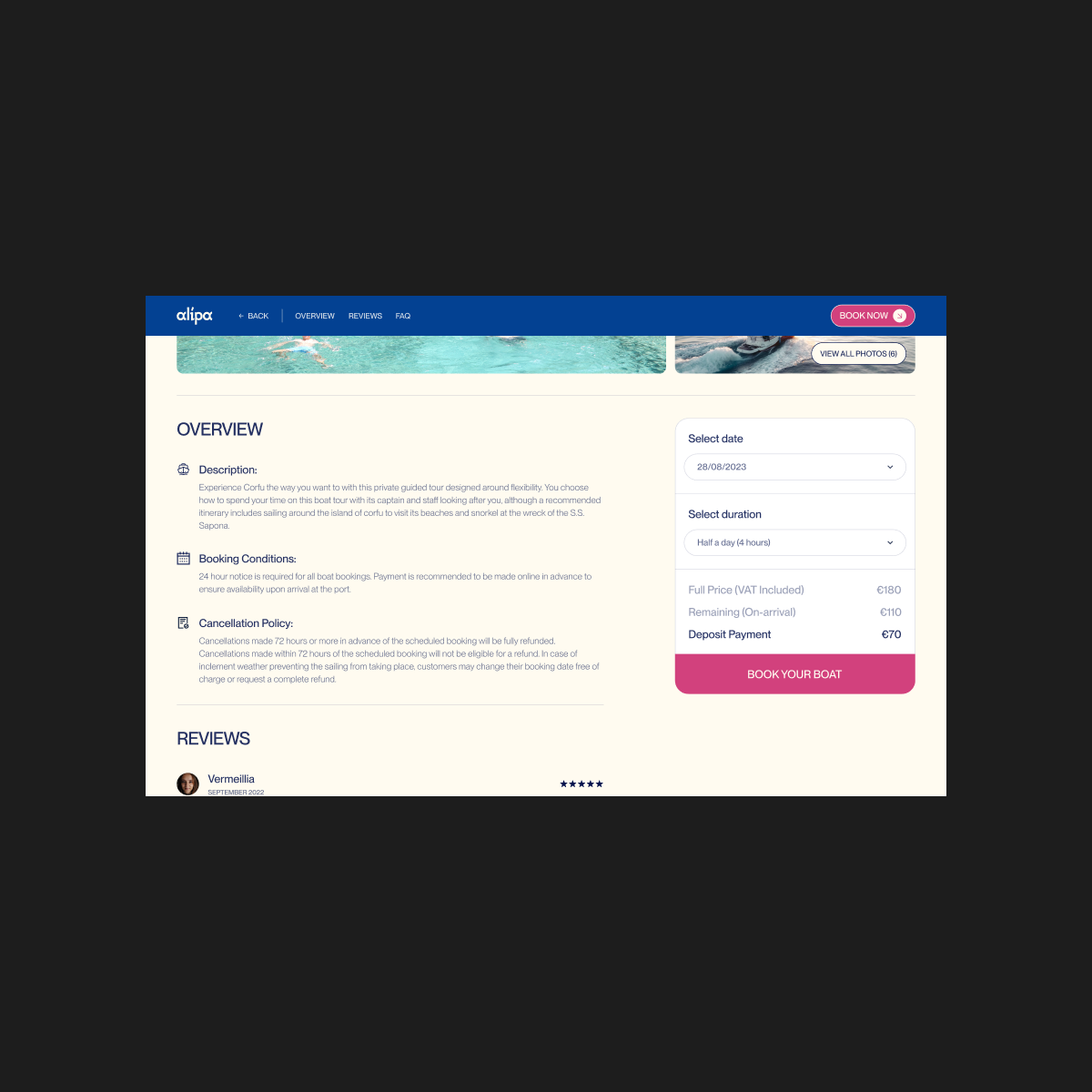 Alipa experience page with trip details, inclusions, and booking information.