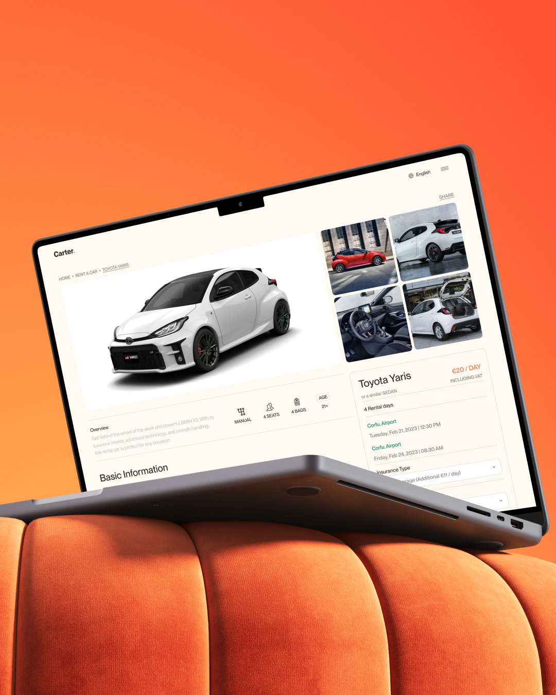 Carter car selection page designed by VX.STUDIO, showing available rental cars with pricing and booking options.