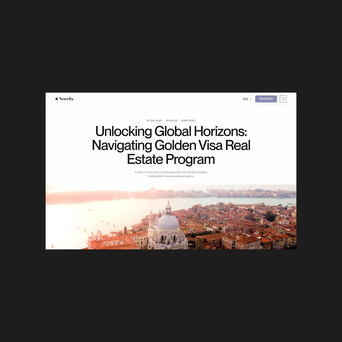 Novelty insights page header on desktop, introducing articles on real estate and investment.