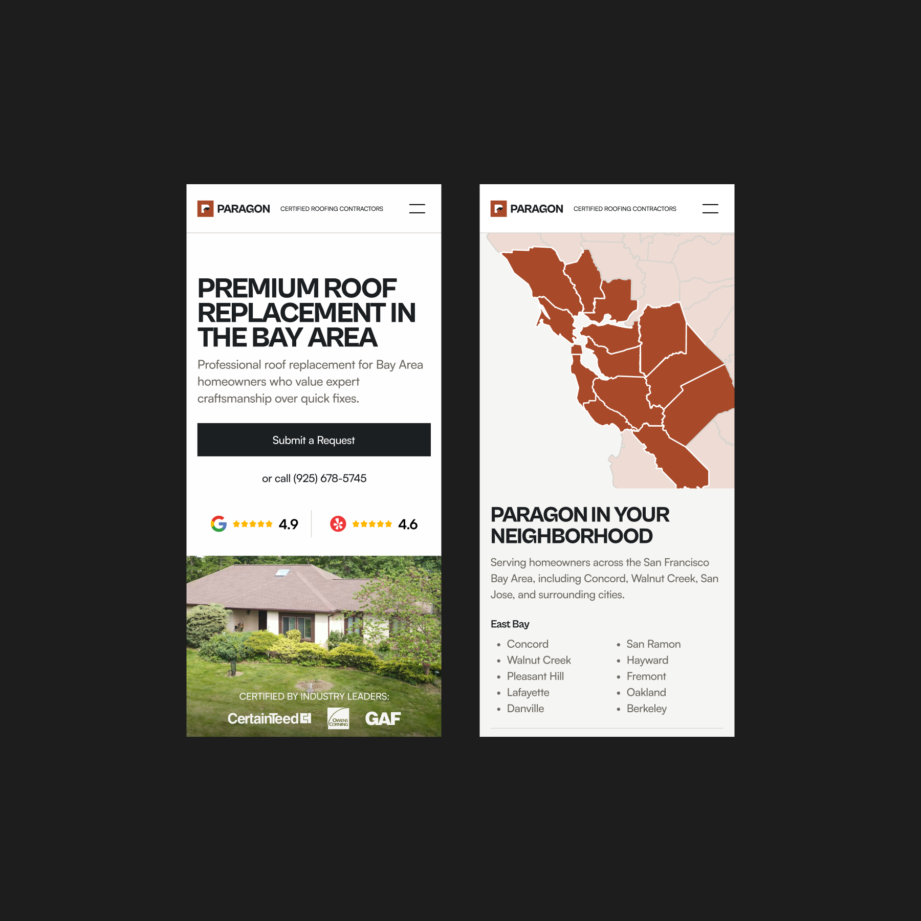 Paragon Roofing roof replacement page header and service area map on mobile.