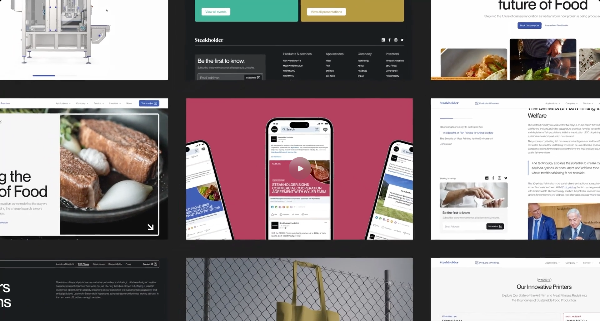 Website pages and social posts designed by VX.STUDIO for Steakholder Foods