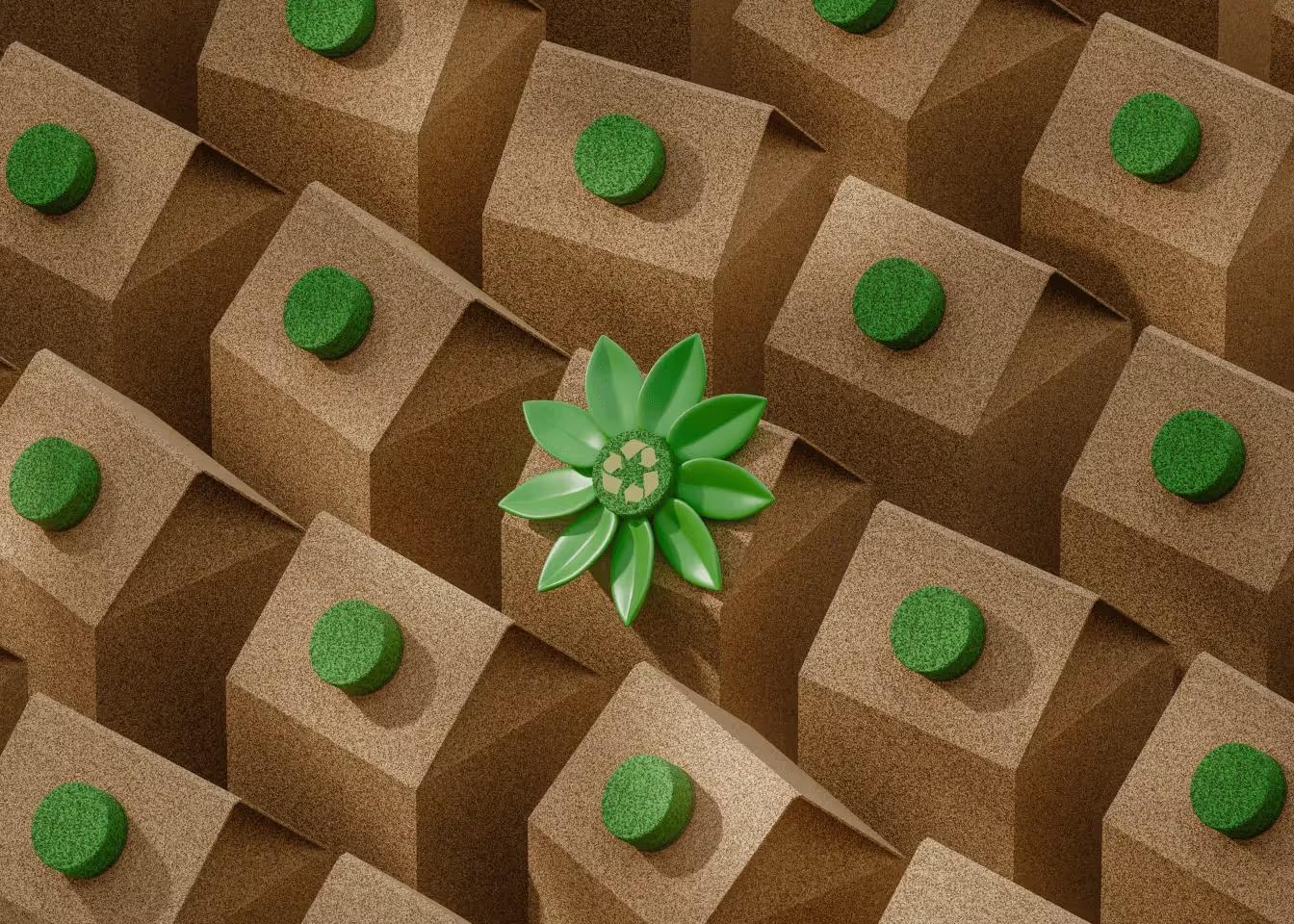 Rows of kraft-paper cartons with green caps, one crowned with a green flower around a recycling symbol