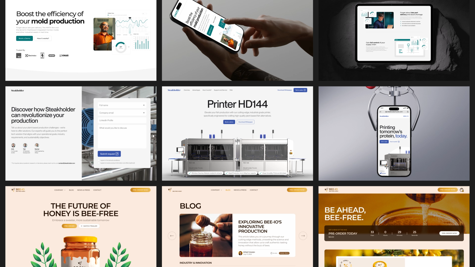 Grid of technology projects by VX.STUDIO, including brand identities and websites for industrial and food technology companies.