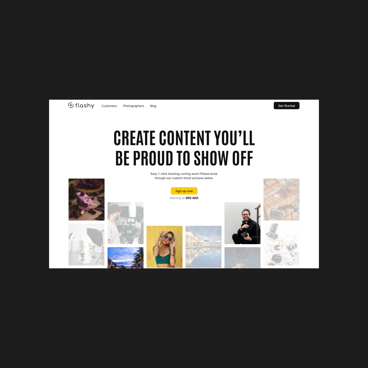 GetFlashy For Businesses page hero on desktop, presenting the service to companies that need commercial photography.