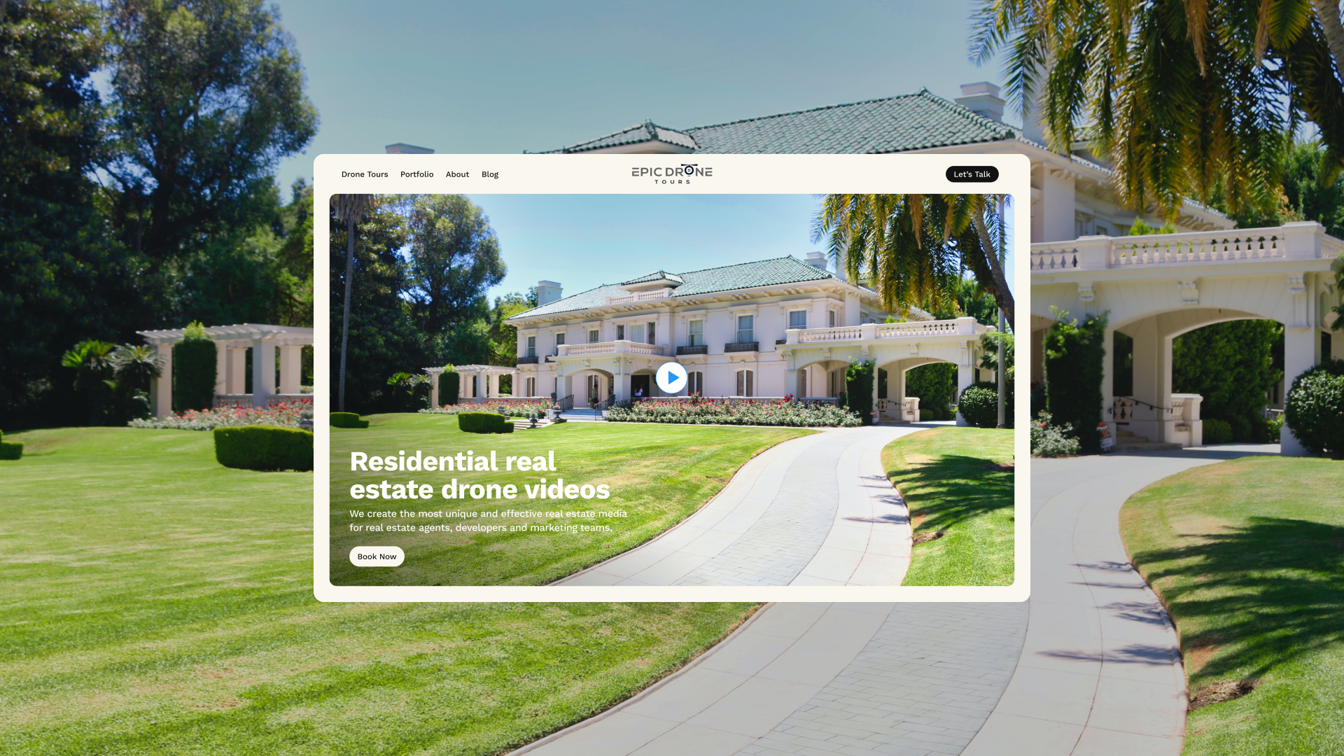 Epic Drone Tours homepage designed and developed by VX.STUDIO, with full-screen aerial footage behind the headline.