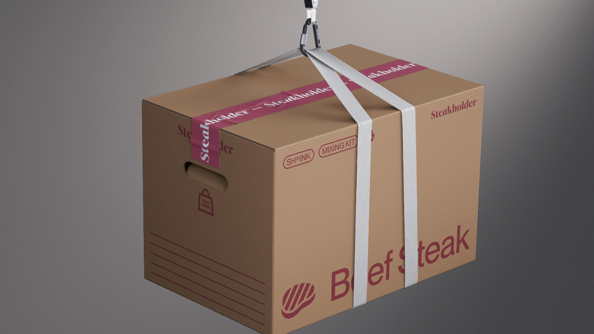 Steakholder shipping box designed by VX.STUDIO, featuring the brand identity for warehouse and distribution use.