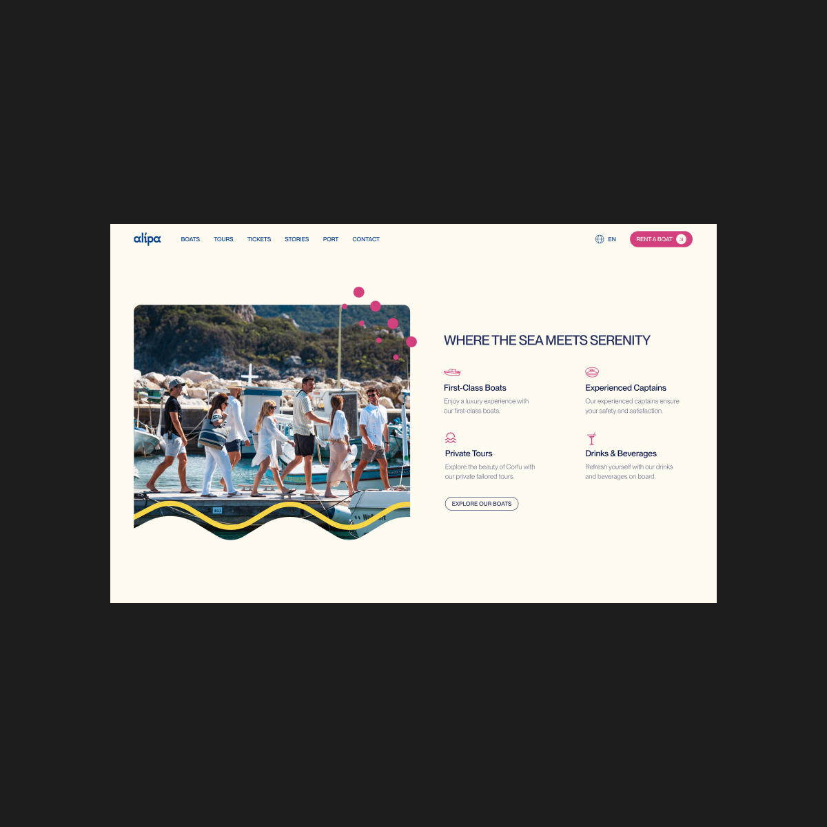 Alipa website pages showing the visual style, typography, and photography used across the platform.