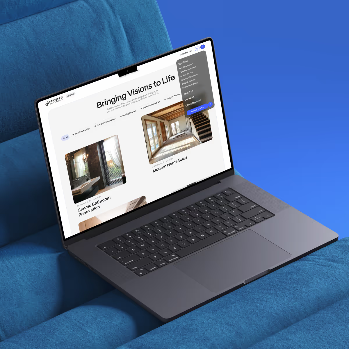 Prosper Development services page on a laptop, with the navigation menu open.