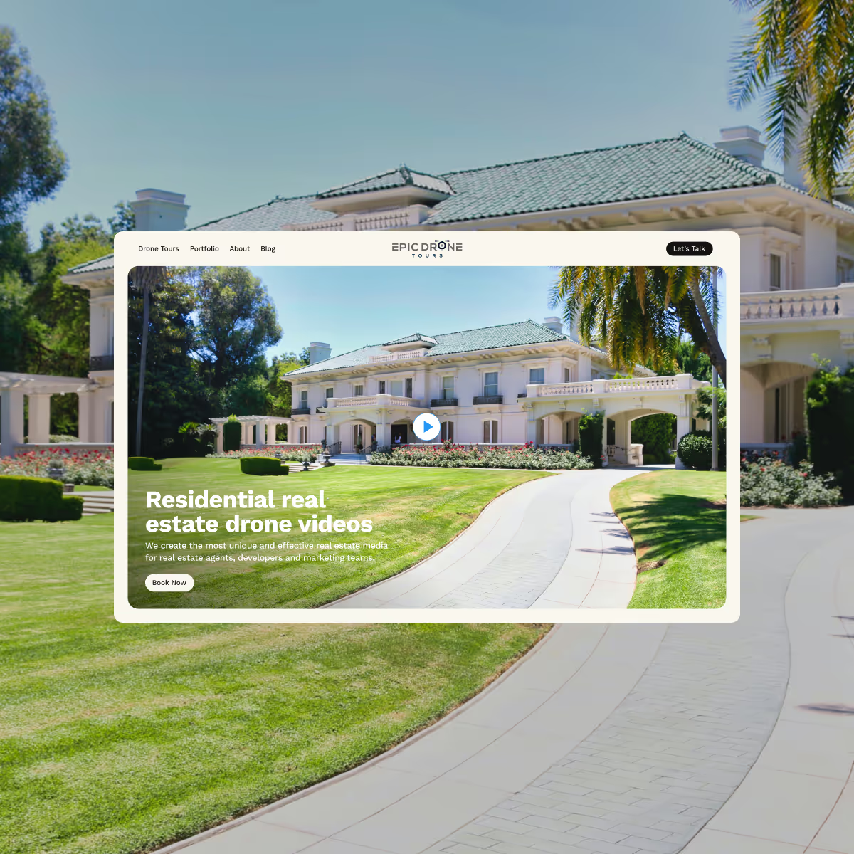 Epic Drone Tours homepage hero on desktop, with full-screen aerial drone footage behind the headline.