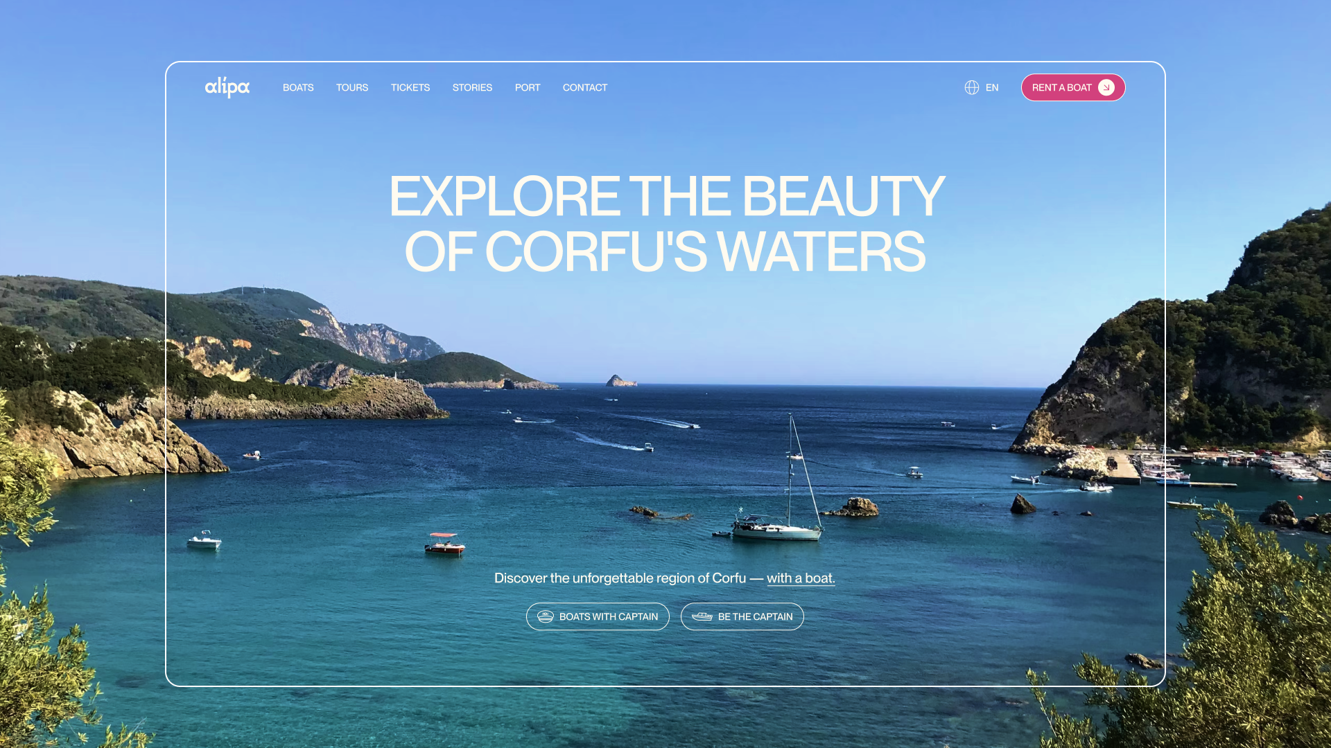 Alipa homepage on desktop, with a full-width photograph of a Greek port behind the headline.