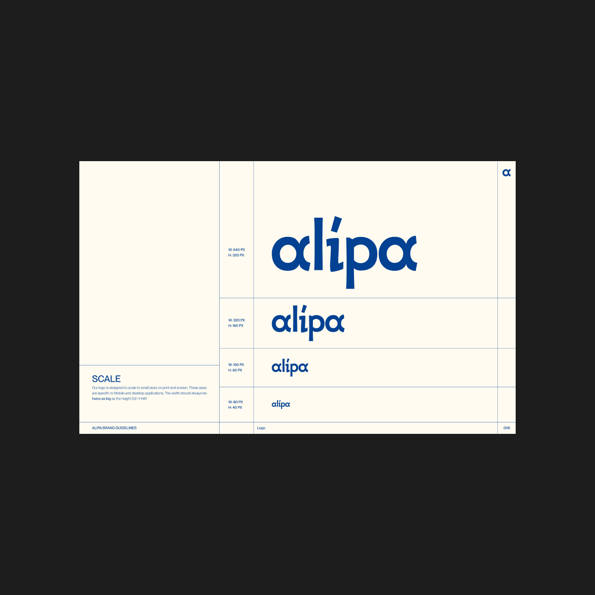 Alipa brand guidelines page showing the logo at different sizes.