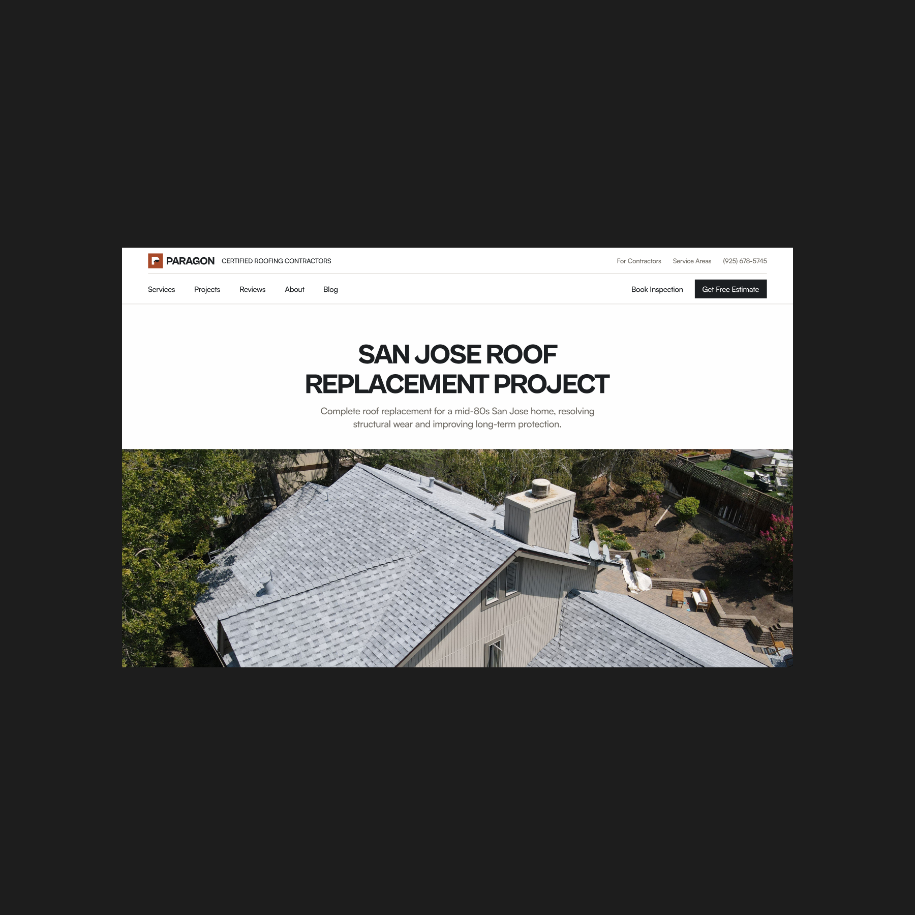 Paragon Roofing project showcase page header on desktop.