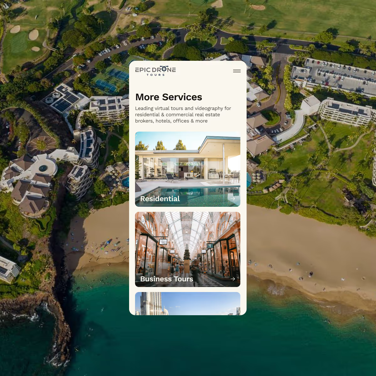 Epic Drone Tours services section on mobile, listing the studio’s aerial filming services.