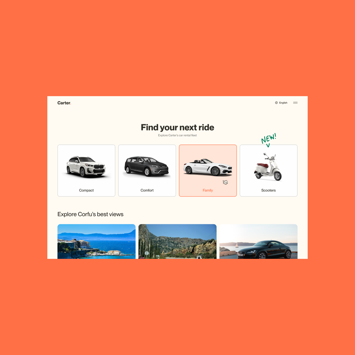 Carter car selection page on desktop, with rental cars grouped by category.