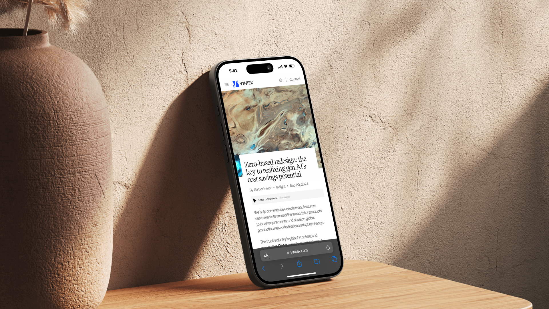VYNTEX insights page on a phone, listing articles on consulting and business strategy.