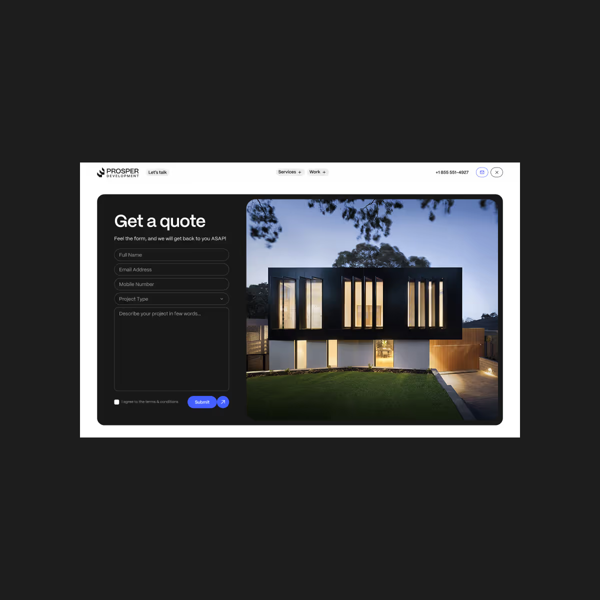 Prosper Development “get a quote” section on desktop, with a form for homeowners to request a project estimate.