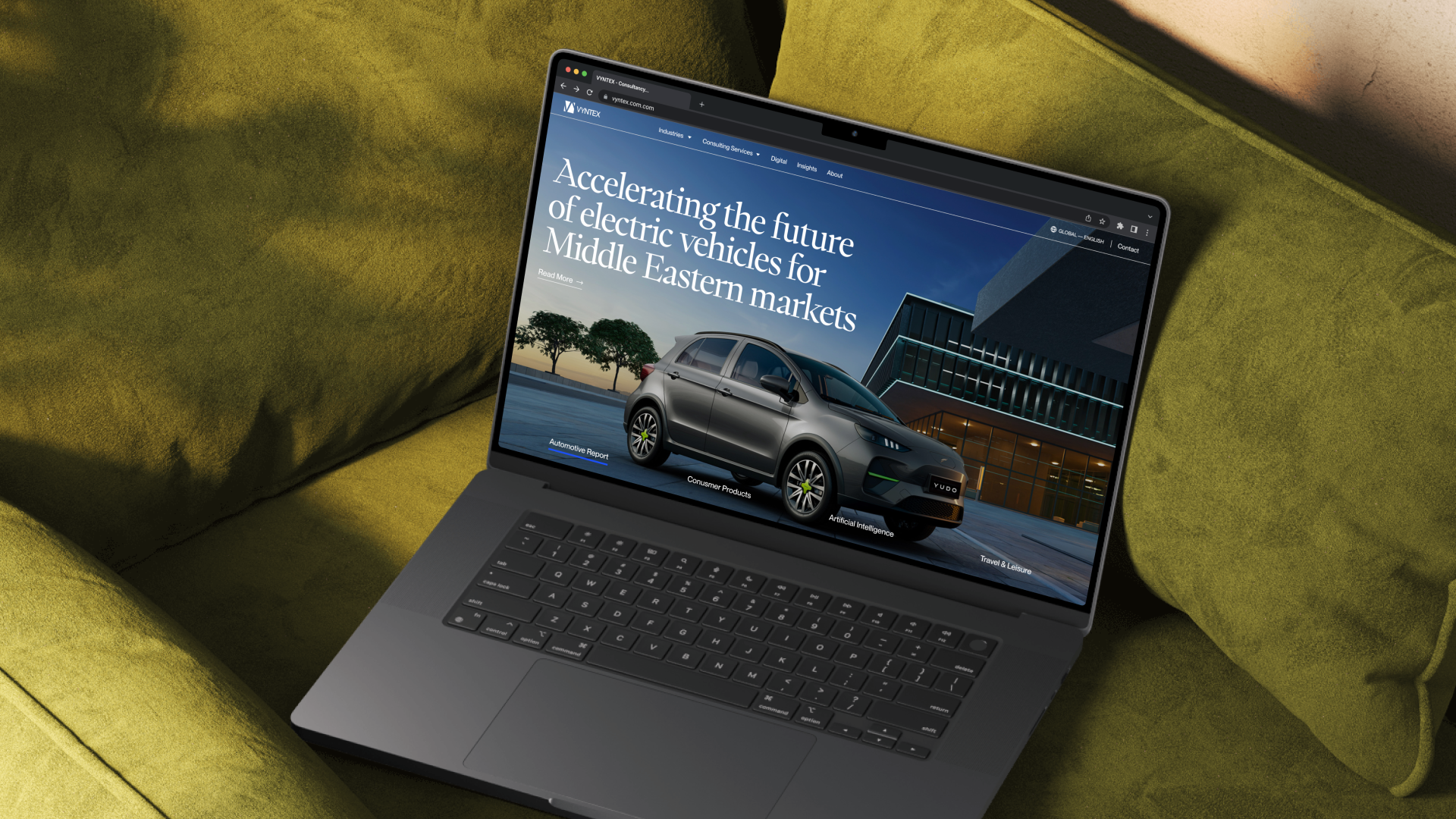 VYNTEX homepage on a laptop, showing the hero and the opening sections below it.