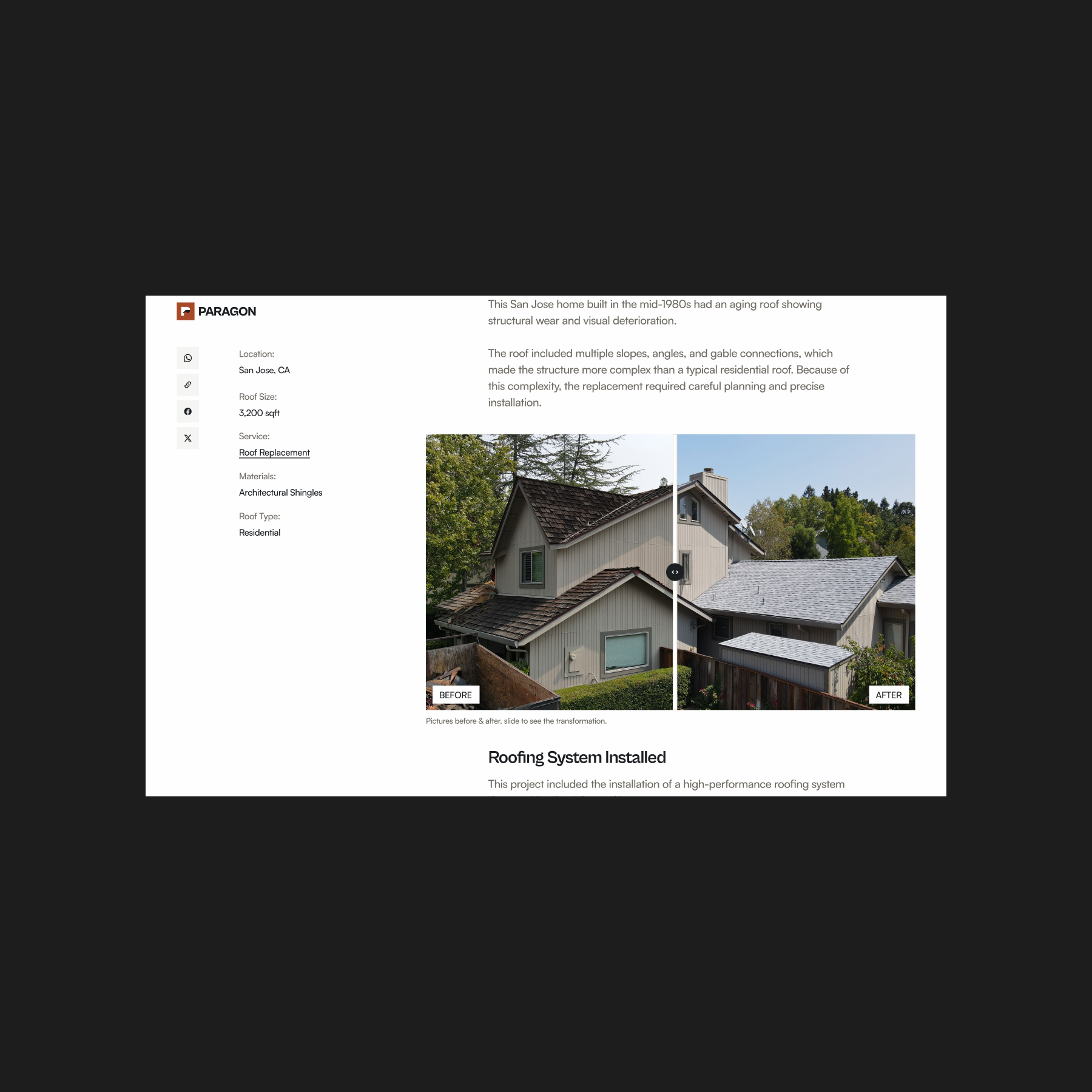 Paragon Roofing before-and-after comparison on desktop, showing a roof before and after the work.