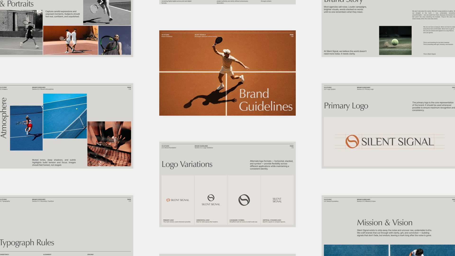Grid of brand guideline pages designed by VX.STUDIO, showing logo systems, typography, and color palettes.