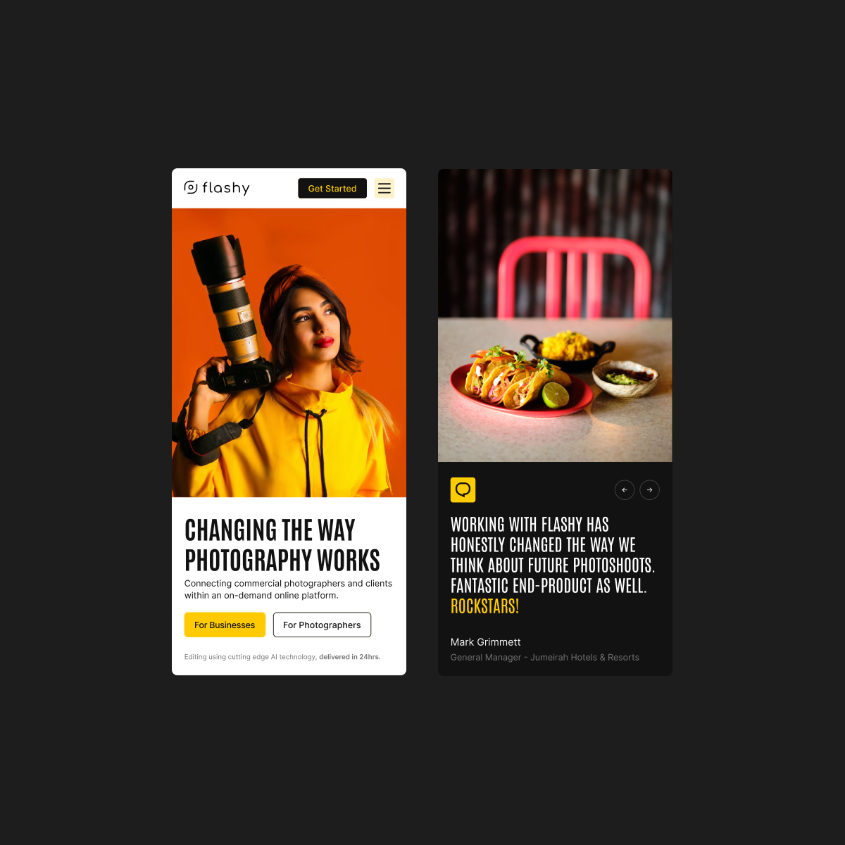 GetFlashy homepage hero on mobile, followed by a social proof section with client logos.