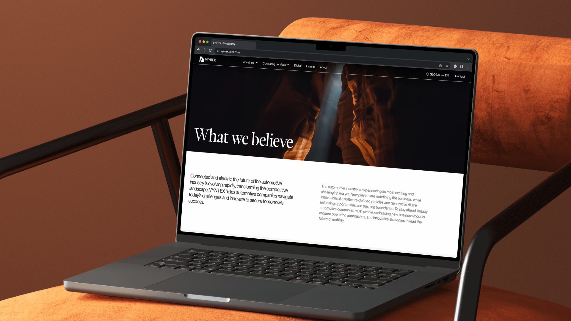 VYNTEX About page on a laptop, introducing the consultancy and its place within the group.