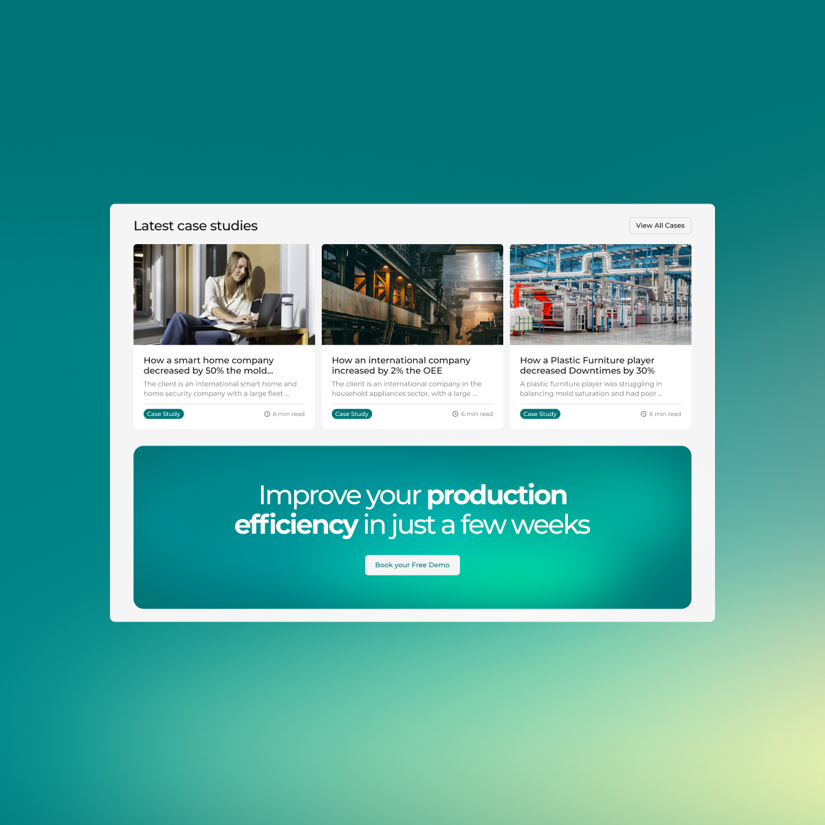 Matix insights section on desktop, with articles on manufacturing technology and a call to action to get in touch.