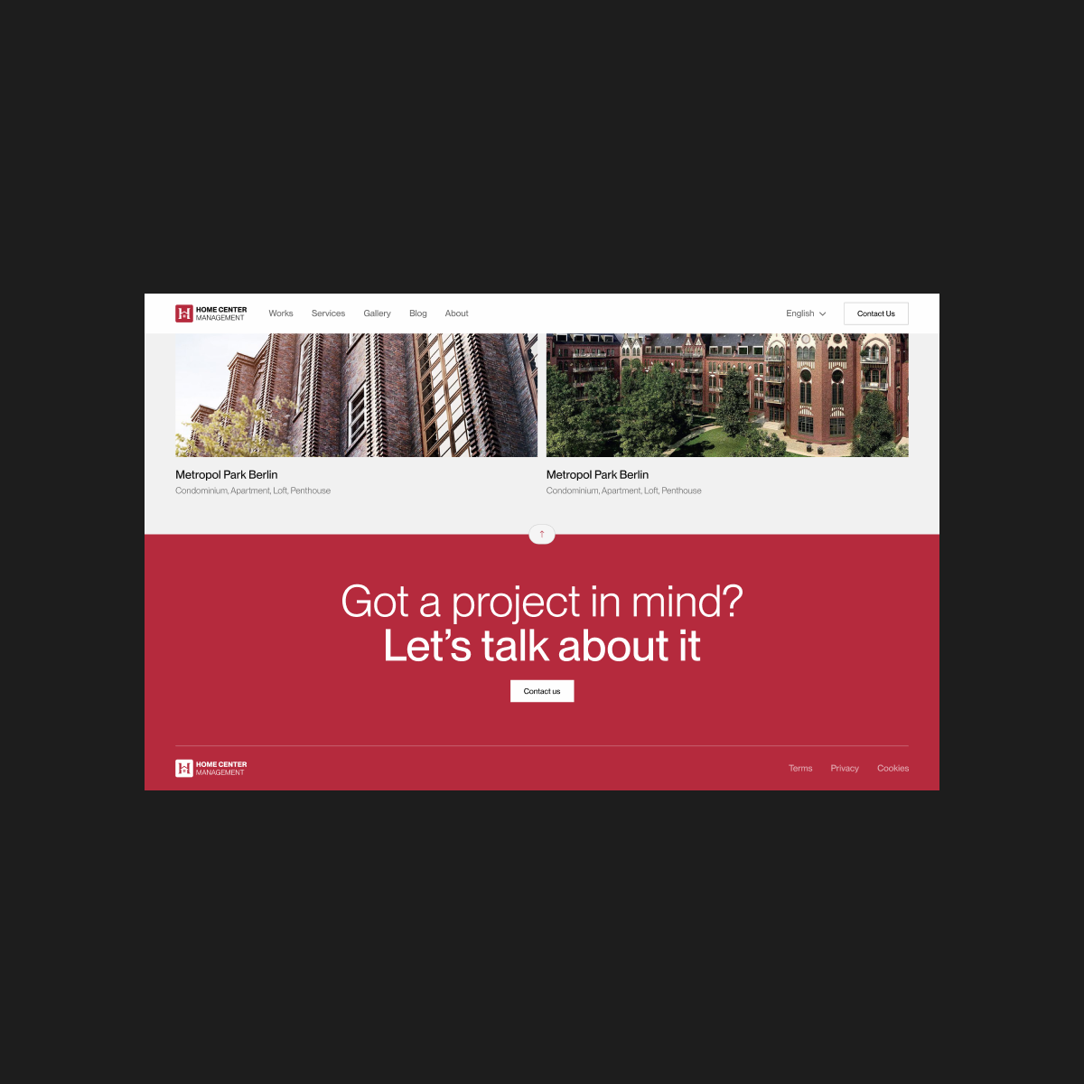HCM projects section on desktop, showing a grid of developments with a call to action to get in touch.