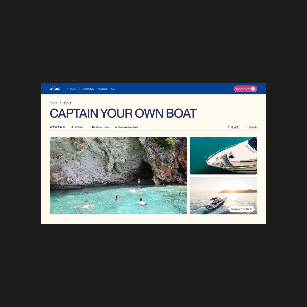Photo gallery on an Alipa experience page, showing the boat and the trip.