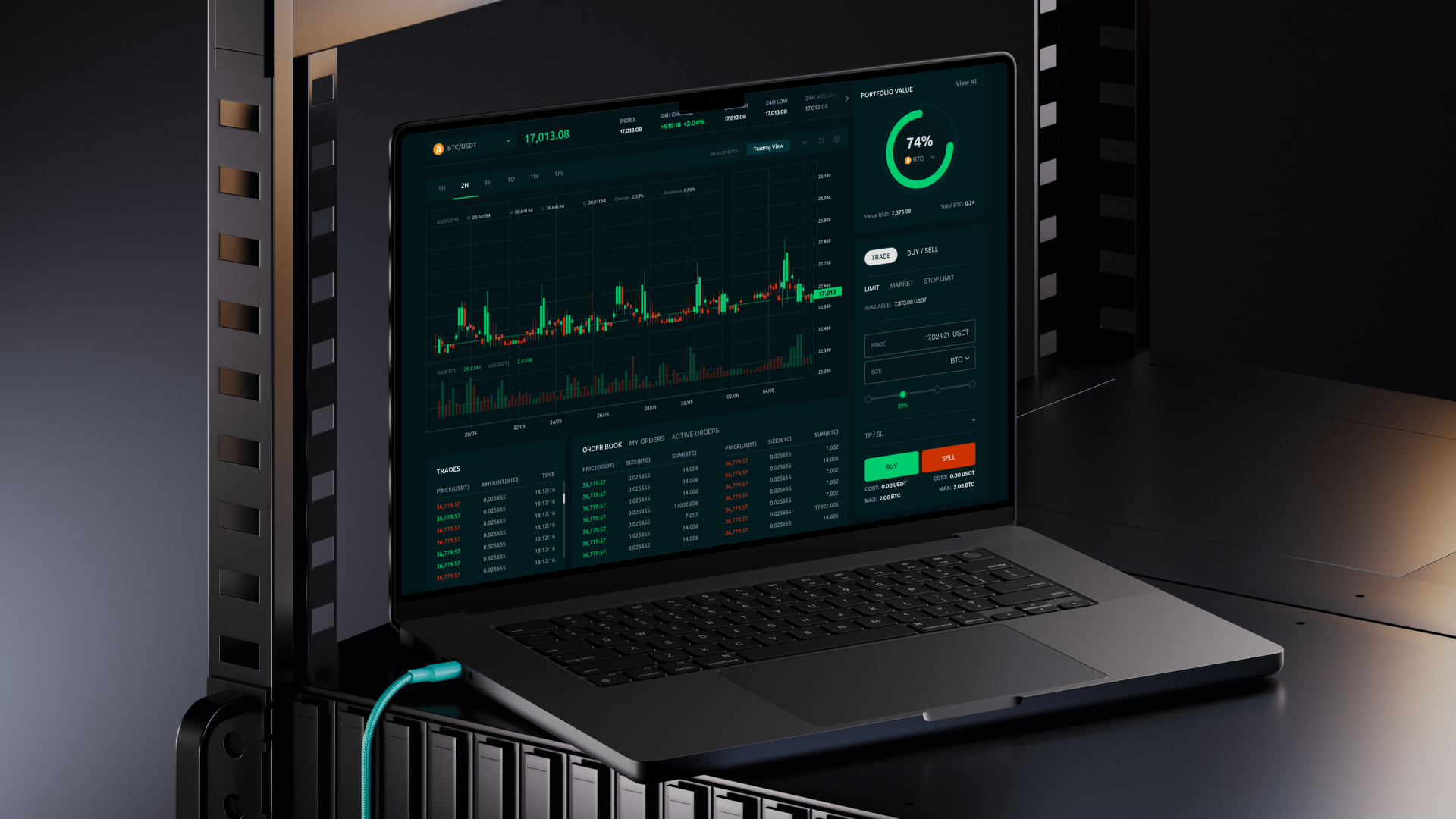 QOAL website on a laptop, designed and developed by VX.STUDIO, introducing the crypto exchange.