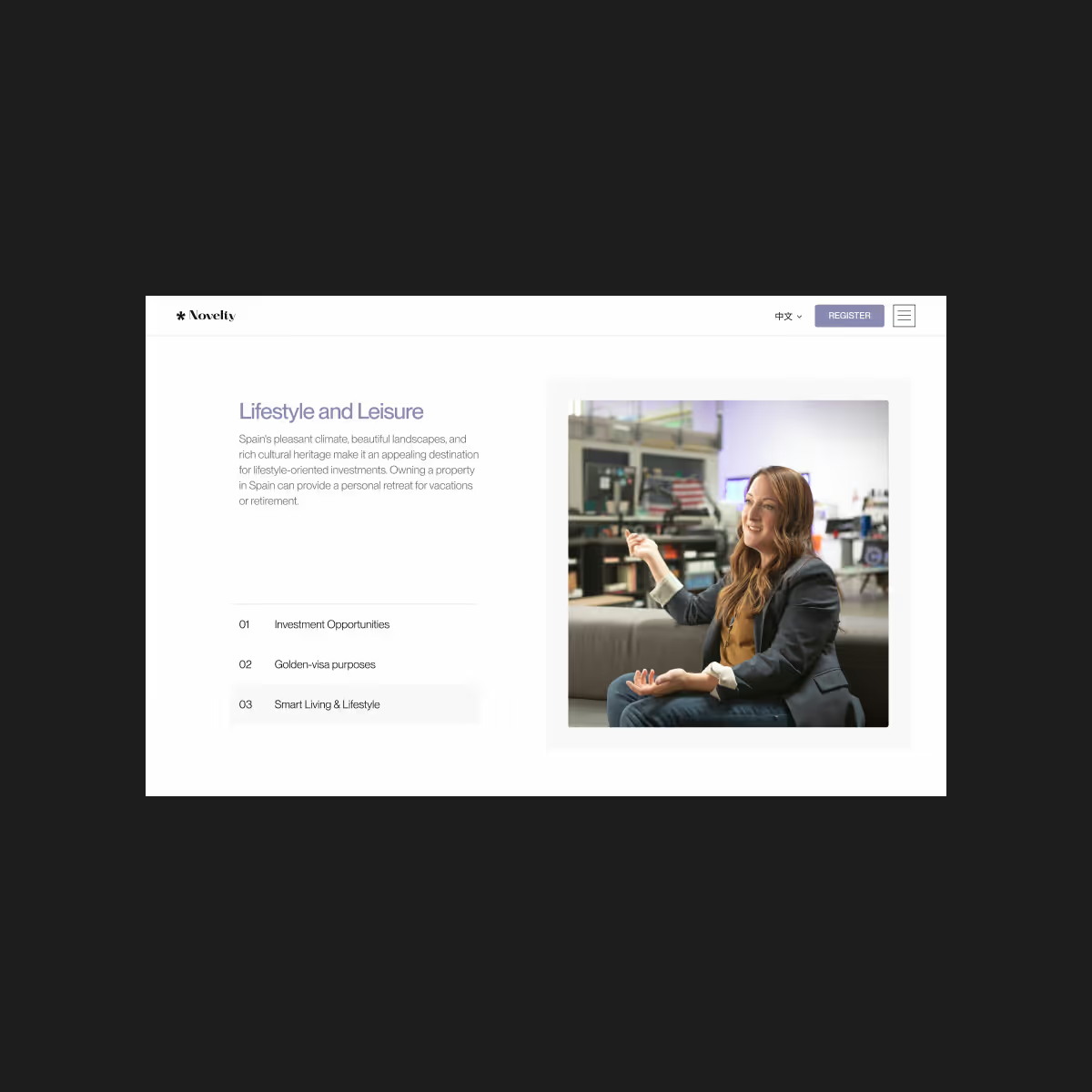 Novelty value proposition section on desktop, explaining what sets the firm apart as a long-term real estate partner.