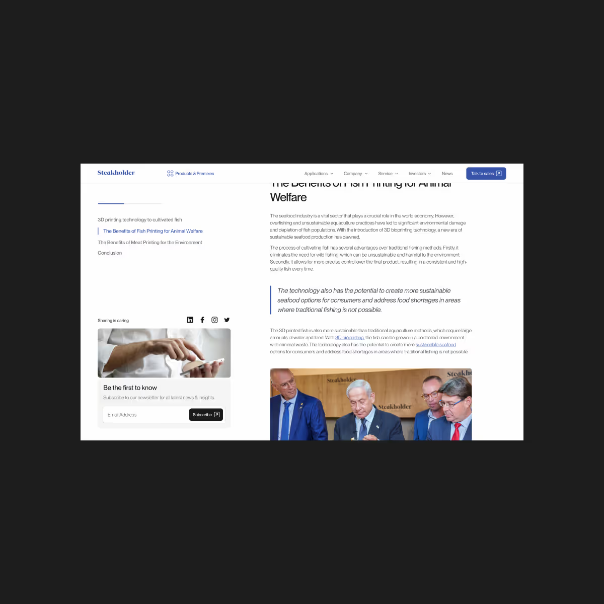 Steakholder News and Insights page, listing company updates and articles on food technology.