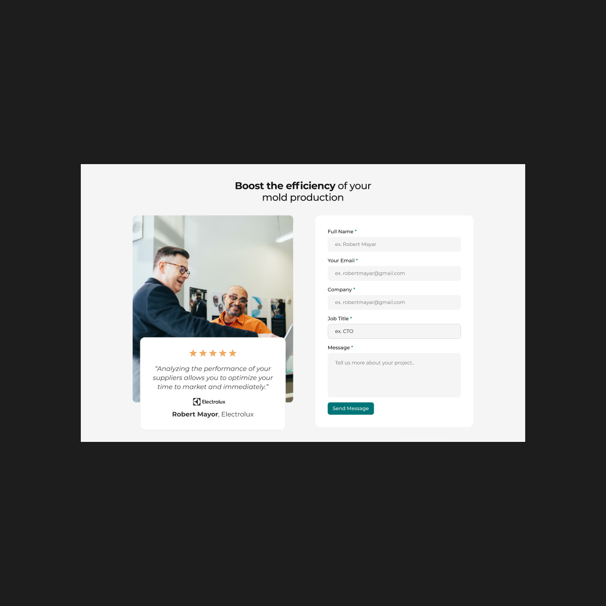 Matix contact form on desktop, where manufacturers request a consultation.