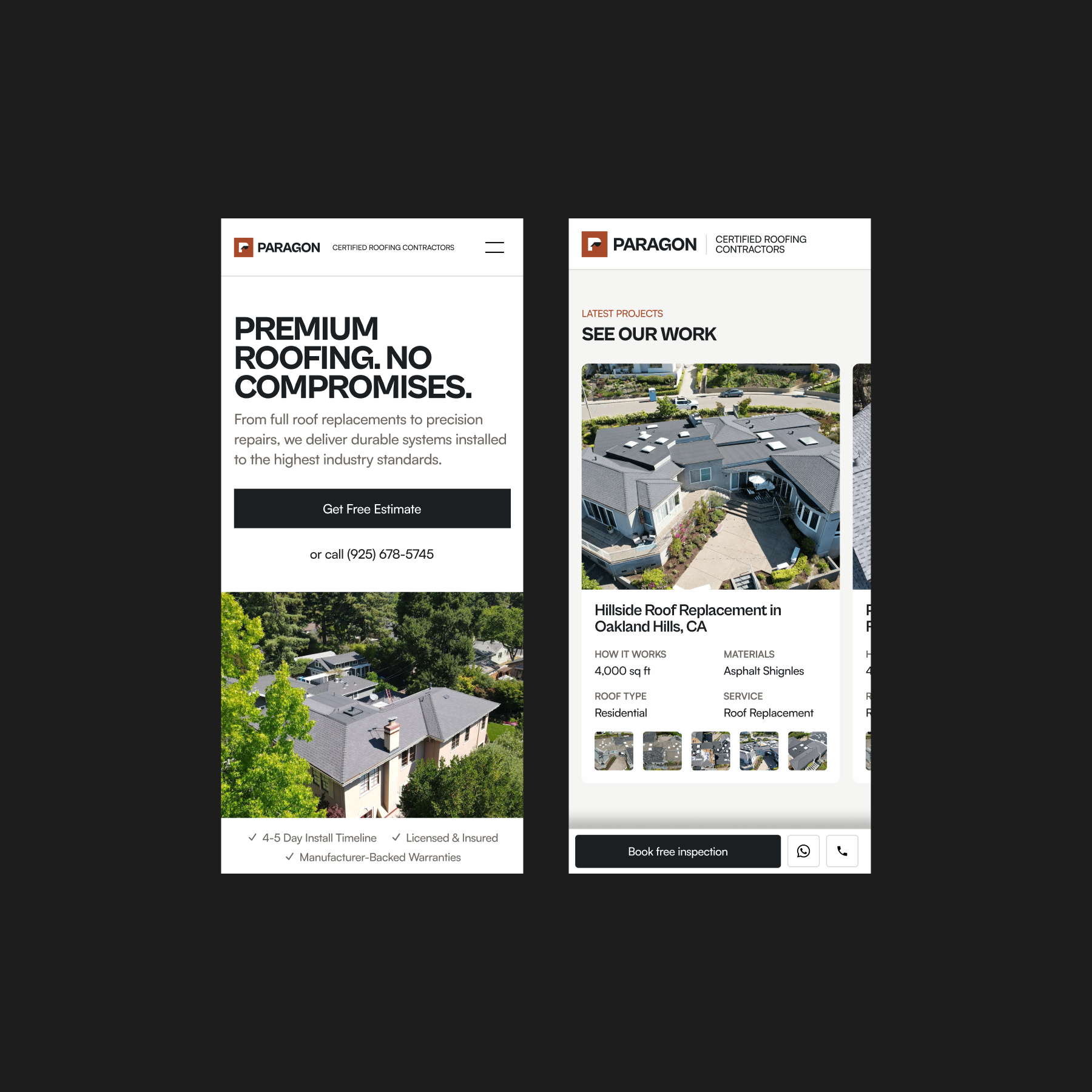 Paragon Roofing roof replacement page header and a completed project on mobile.