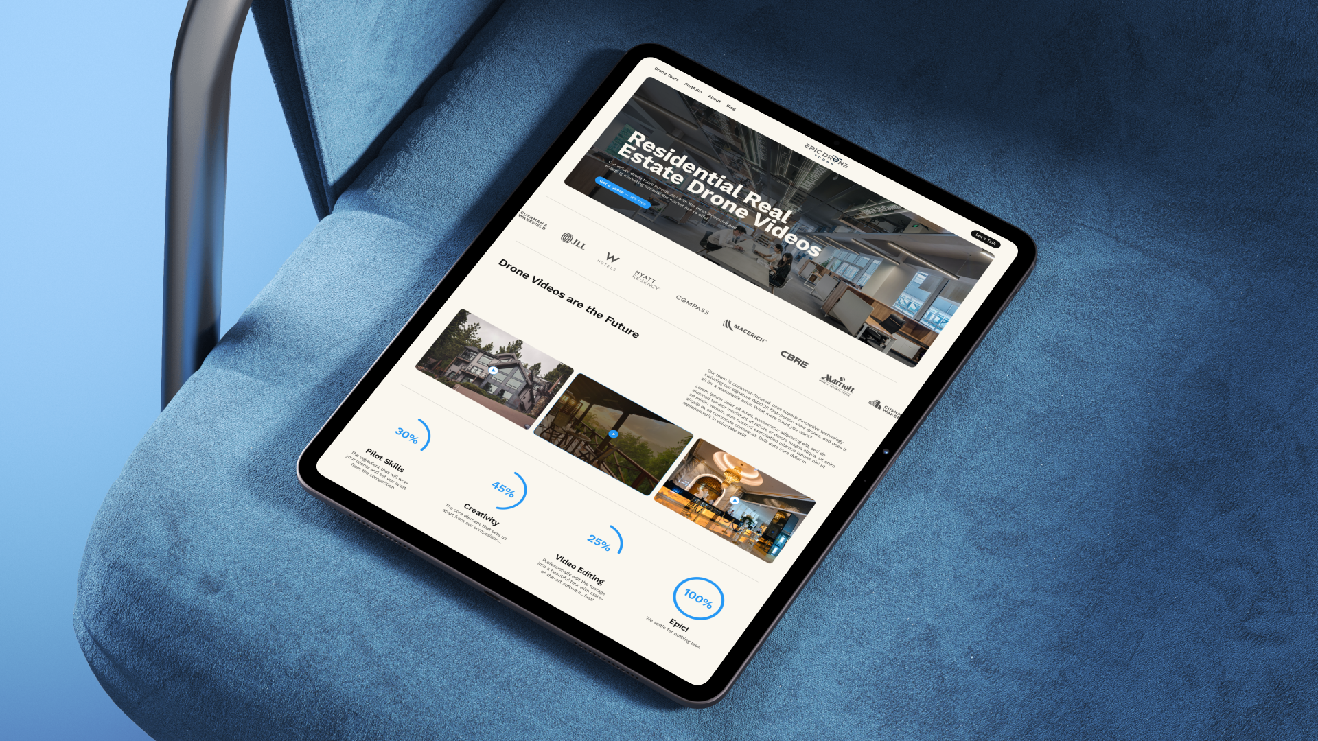 Epic Drone Tours website on a tablet, showing a page about the company and its aerial filming services.