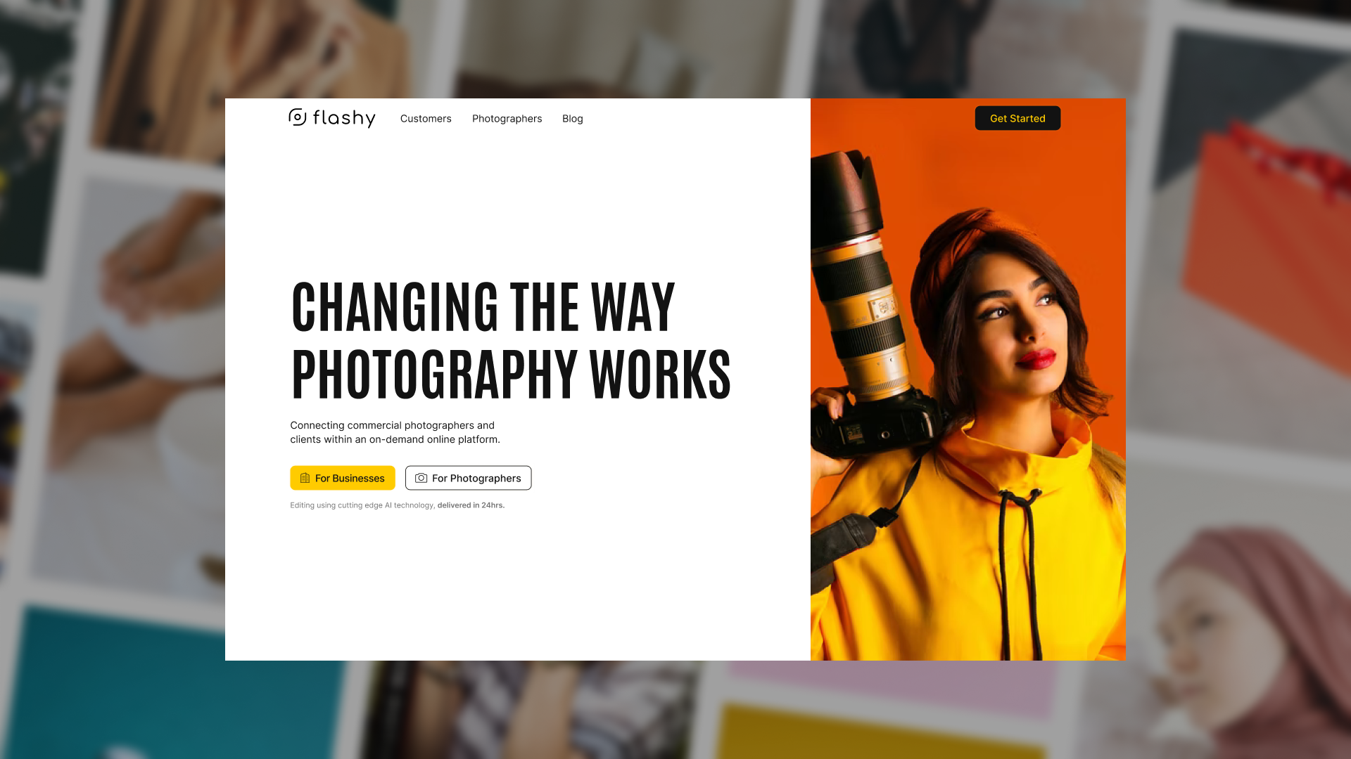 GetFlashy homepage hero on desktop, designed by VX.STUDIO, with a grid of professional photographers behind the headline.