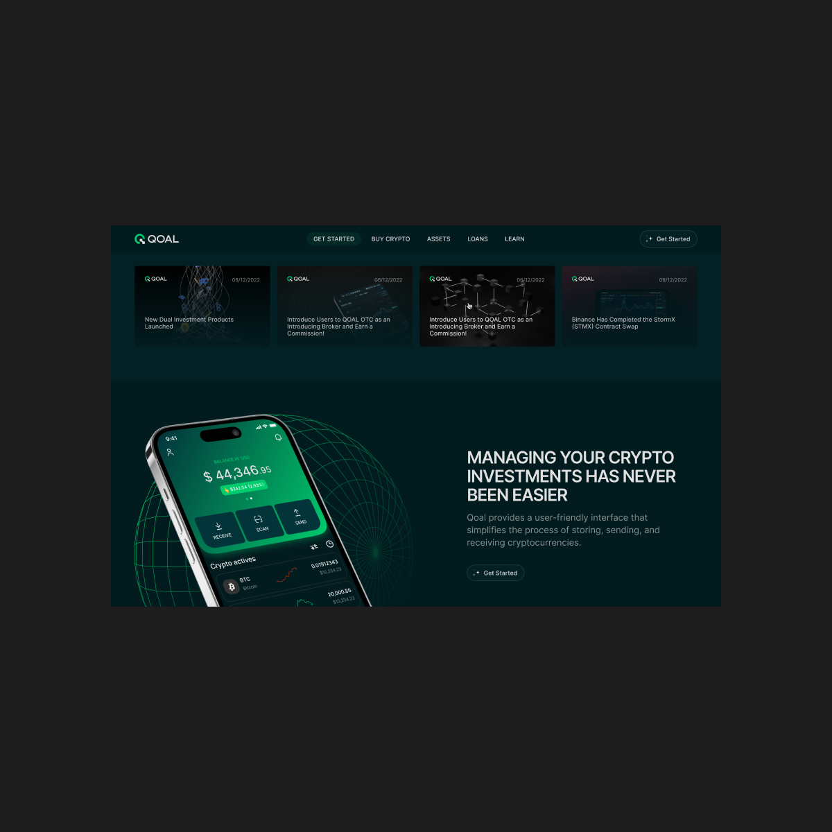 QOAL website section on desktop, showcasing the mobile app’s main trading screen.