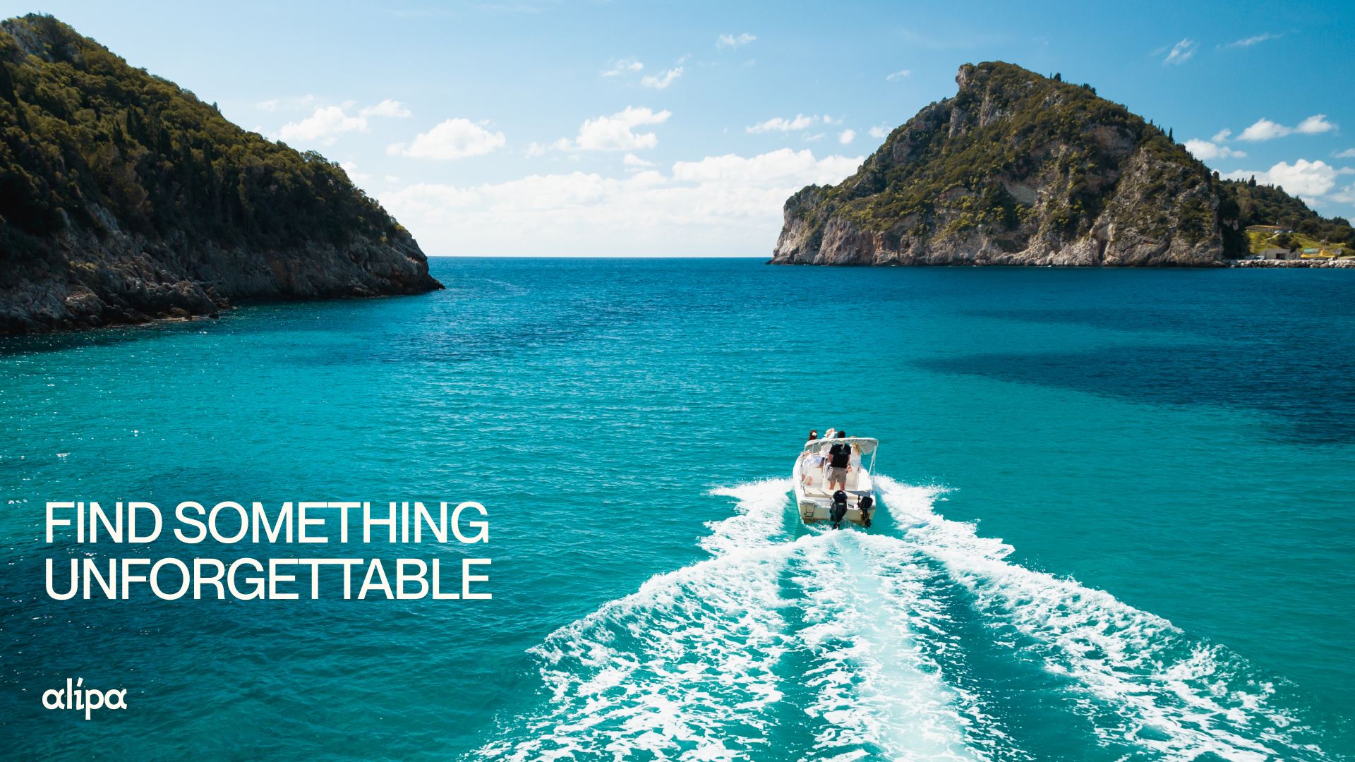 Alipa brand image showing the logo and a brand message over a boat sailing on open sea.