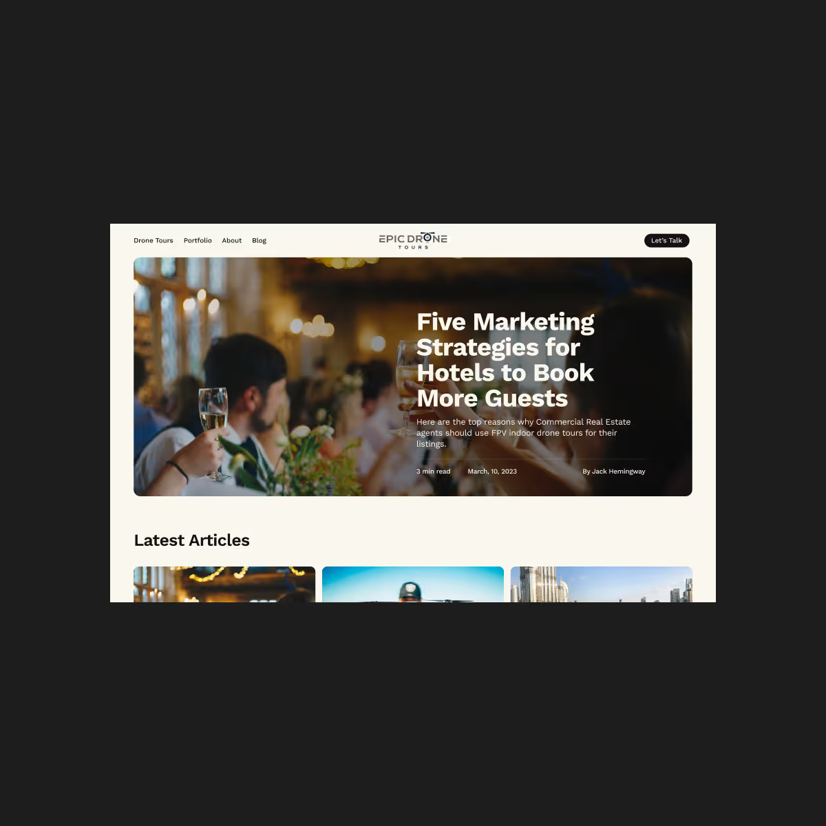 Epic Drone Tours blog page on desktop, with articles about aerial filming.