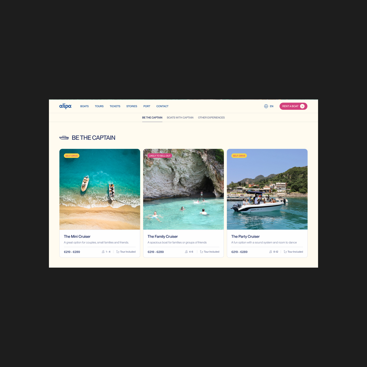 Grid of boating experiences on the Alipa website, each with a photo and key details for comparison.
