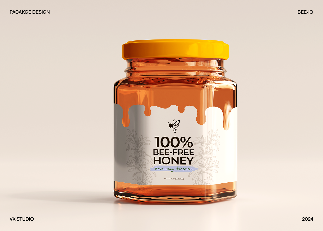 Bee-io packaging by VX.STUDIO: an amber glass jar labelled “100% Bee-Free Honey, Rosemary Flavour”