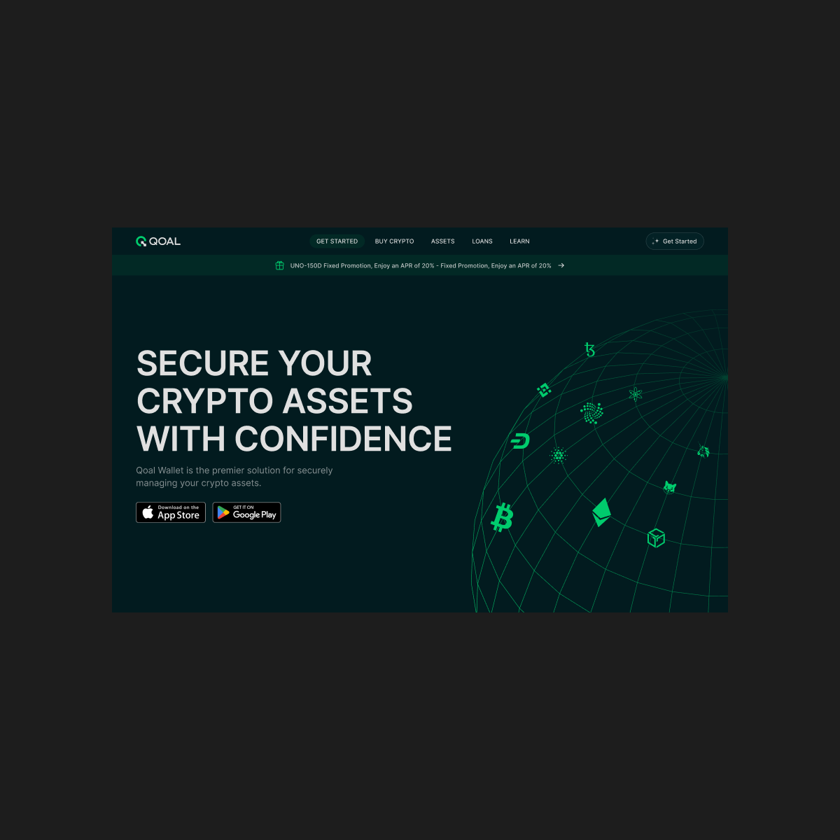 QOAL homepage hero on desktop, introducing the crypto exchange with a call to download the app.